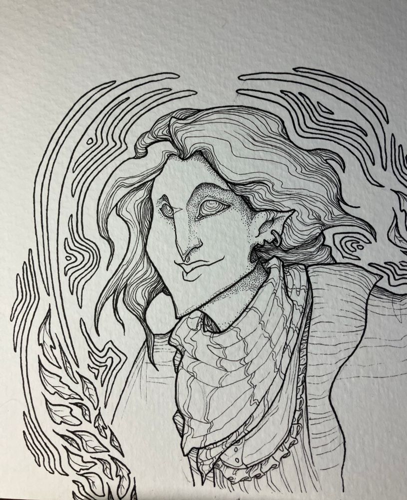 A black and white drawing of a woman with pointed ears and a kerchief 