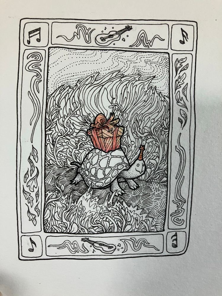 A black and white pen and ink illustration of a turtle with a birthday present on its back and a small party hat on with a boarder of musical notes, ukulele’s, squiggles, and leaves. The party hat and present on its back are red/orange