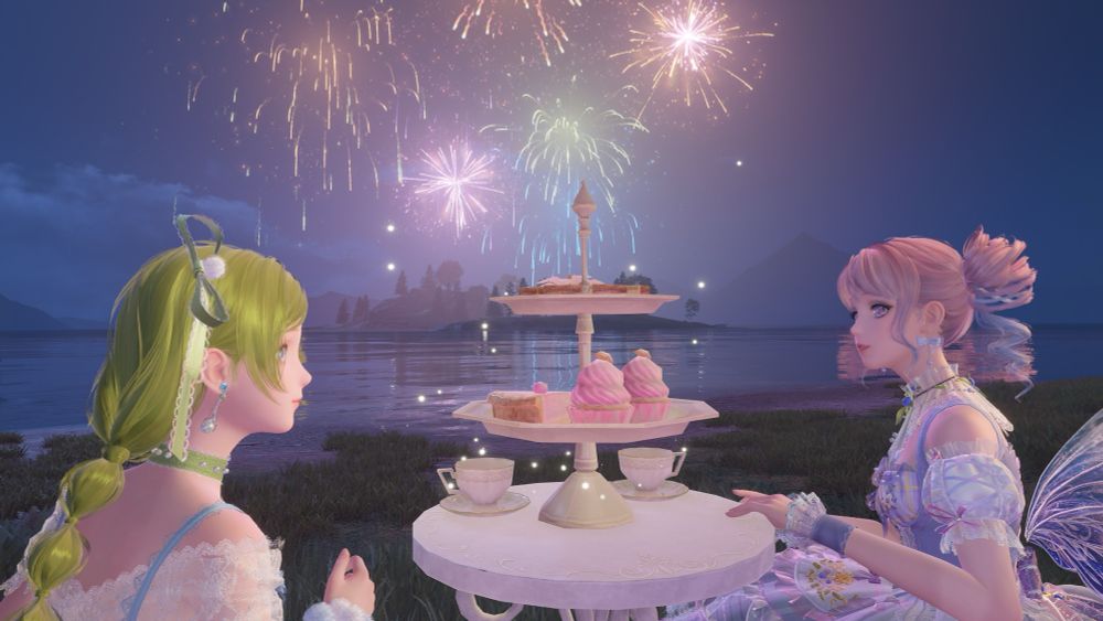 Two Nikki characters sit at a tea table and gaze at each other in front of lake with fireworks going off in the background 