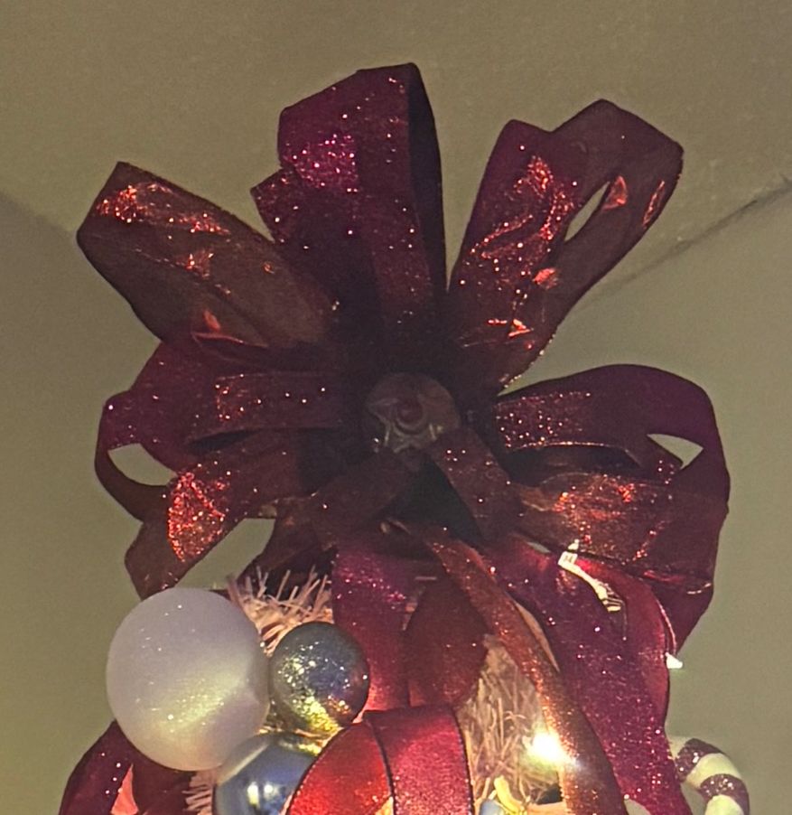 Daisy’s Christmas tree topper: a sailor moon compact with red and pink ribbons coming out from behind it like Sailor Moon’s transformation sequence 