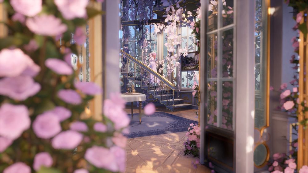 A screenshot from infinity nikki looking into the glass building as Daisy’s Nikki goes up a spiral staircase inside it. There are large pink petals that drape from the ceiling 