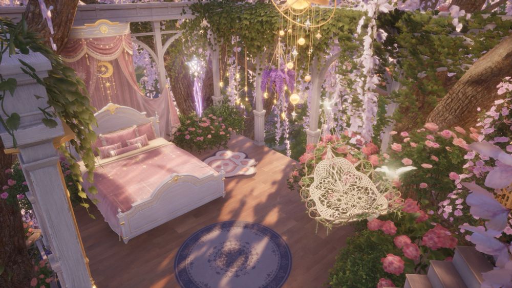 A screen shot from Infinity Nikki; it’s is a small bedroom with soft light spilling in from arches covered in ivy, a pink bed, and lace hammock. 