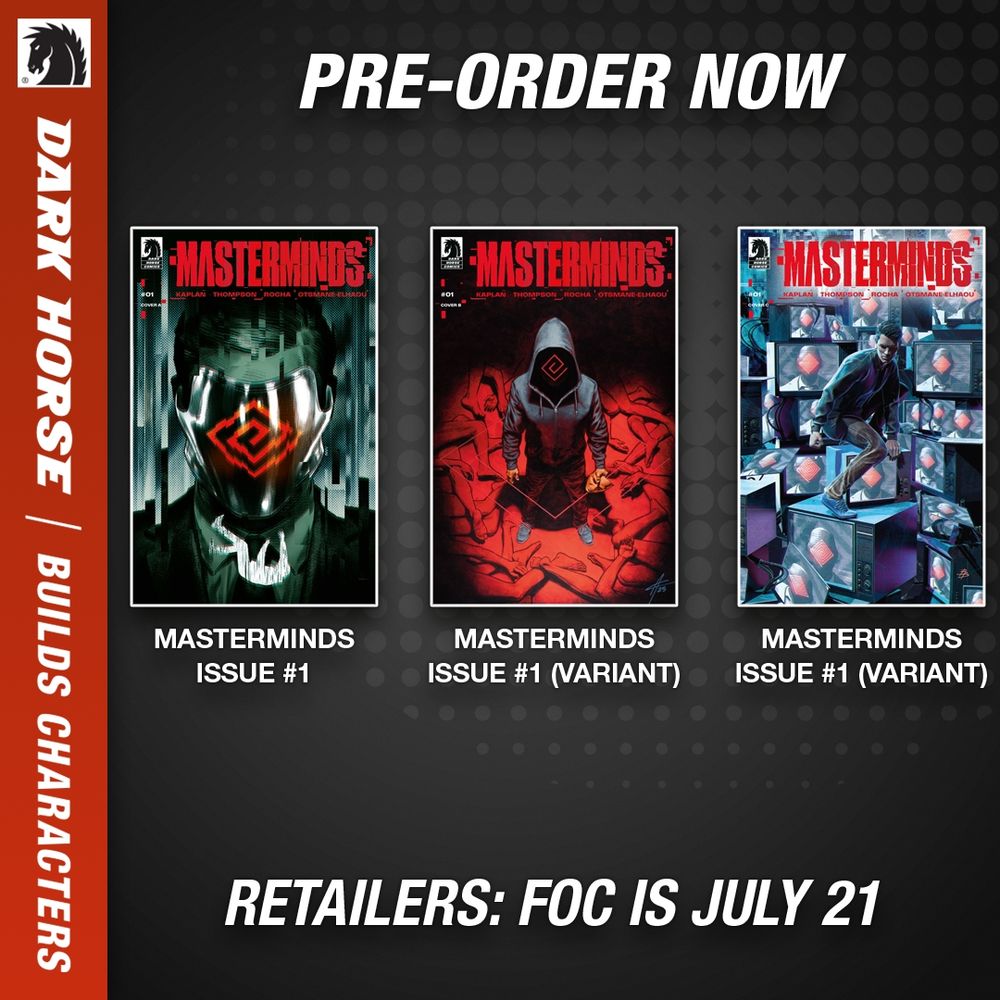 Pre-order graphic for Masterminds issue #1, showcasing all 3 covers.