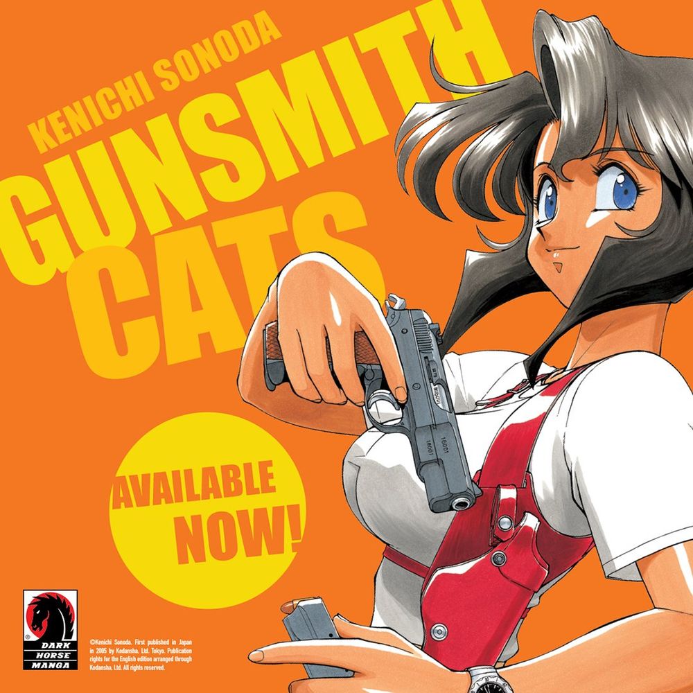 Promotional graphic of Gunsmith Cats Omnibus 1 by Kenichi Sonoda. Rally Vincent featured on the graphic, holding a pistol and magazine