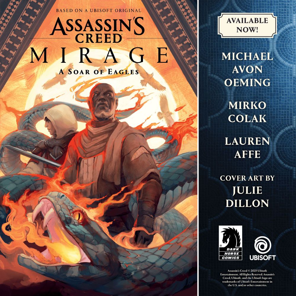 Promotional graphic for Assassin's Creed Mirage: A Soar of Eagles issue #1, featuring cover illustration by Julie Dillon