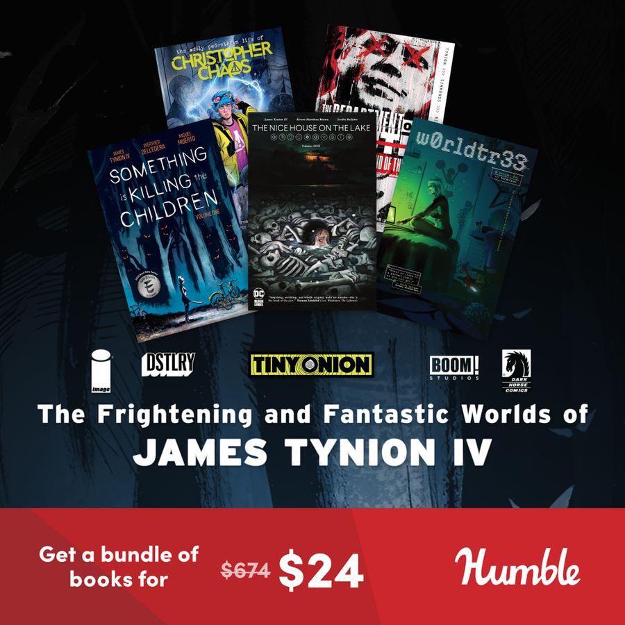 Promotional graphic for the James Tynion IV Humble Bundle, showcasing various comics available in the bundle.