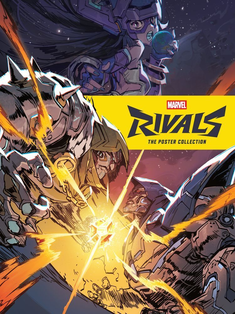 Cover of Marvel Rivals: The Poster Collection. Two Doctor Dooms are lunging at each other, while Galacta looks backwards.