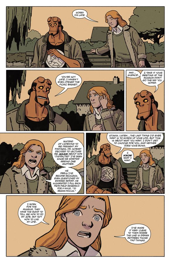 Page from Hellboy in Love: The Art of Fire issue #1. Hellboy and Anastasia are having a conversation on a park bench.