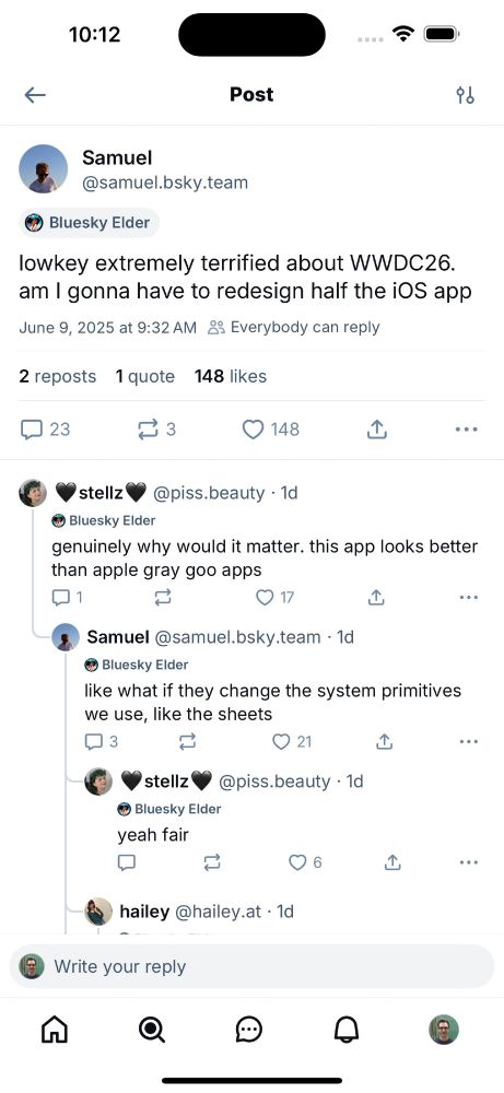 Screenshot of an iPhone running a development version of the Bluesky app. Pictured is a new post thread "tree" view which has more clear reply lines and relationships between replies beneath an anchor post.