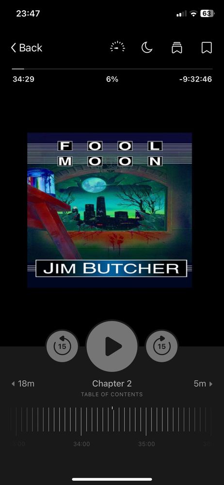 A screenshot from the library app Libby, of the audio book «Fool Moon» the second book following Harry Dresden, written by Jim Butcher - Narrated by James Marsters.