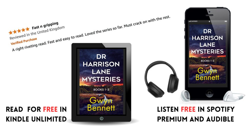 Image shows the Dr Harrison Lane mysteries audio book and ebook, with a reader review with five stars saying, "A right riveting read. Fast and easy to read. Loved the series so far. Must crack on with the rest.' and words saying, 'Read for free in Kindle unlimited' and 'Listen free in spotify premium and audible.'