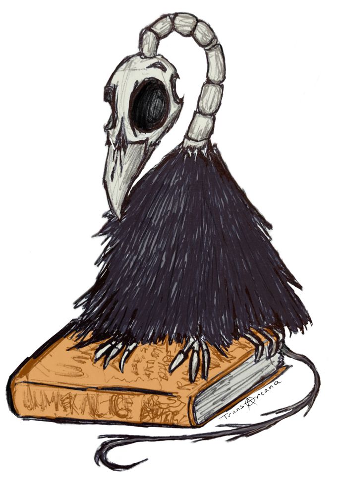 A creature with a bird skull on a long snaky neck and a hairy body perched on an orange book