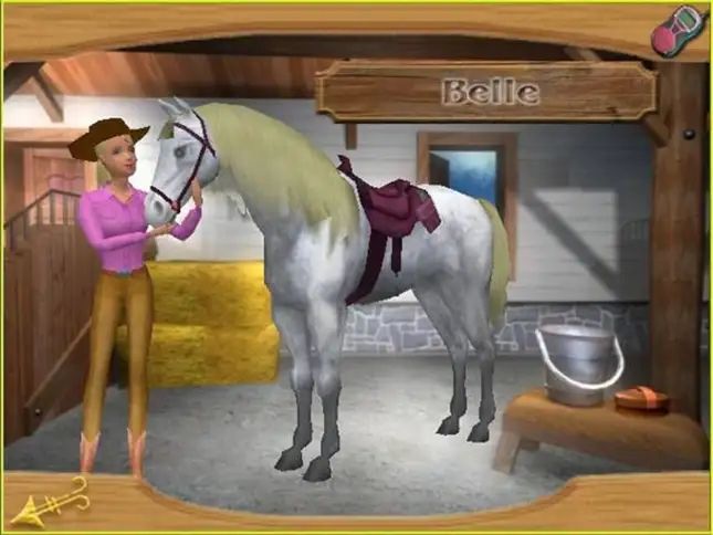 screenshot of the game in the customization screen. barbie on left wearing a pink western style shirt and khaki bottoms with tan cowboy boots and a brown brimmed hat. on the right is a white horse with a white name saddled with a brown leather english saddle. the horse’s name is belle. 