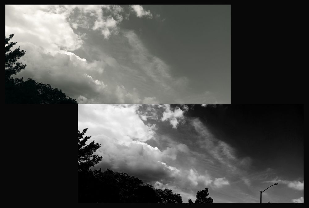 Two black and white photos of the same clouds. Tops of trees show tilted on the left-hand side corners. 