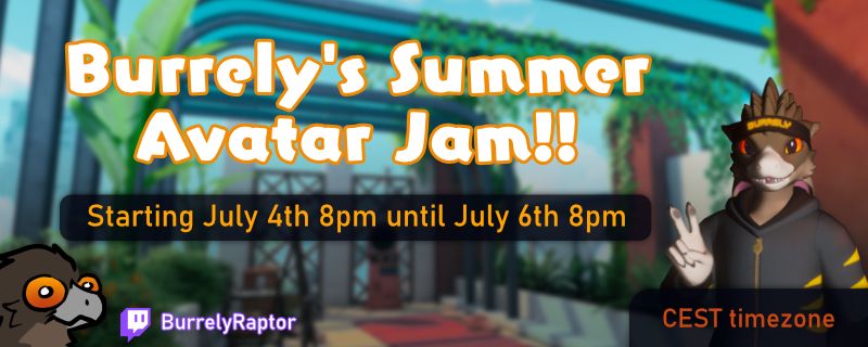 Cover art displaying basic information in regards to the avatar jam event I (Burrely) am hosting.~ The background picture was made in the Viewfinder Artist Hub world on VRChat. Furthermore there is a crazy emote in the bottom-left corner and Burrely's custom model on the right posing with a peace sign.