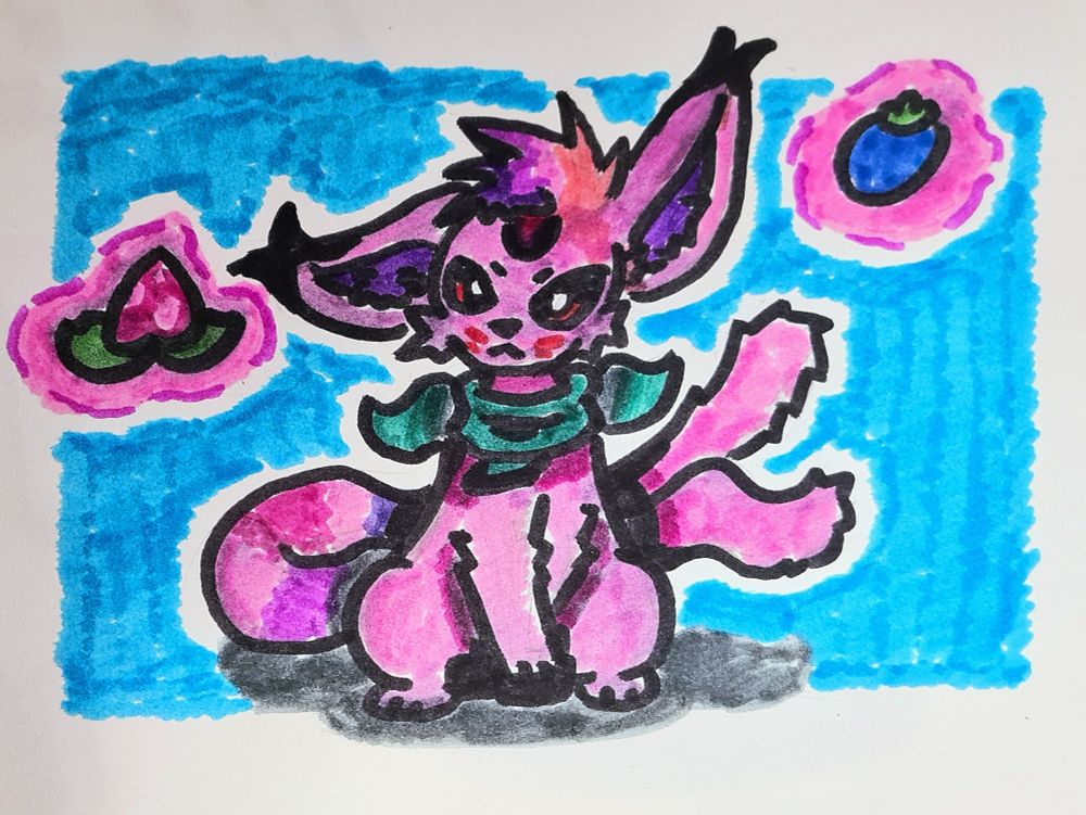 Marker doodle of Persea, a pink furred espeon with a long forked tail curled behind him. 
