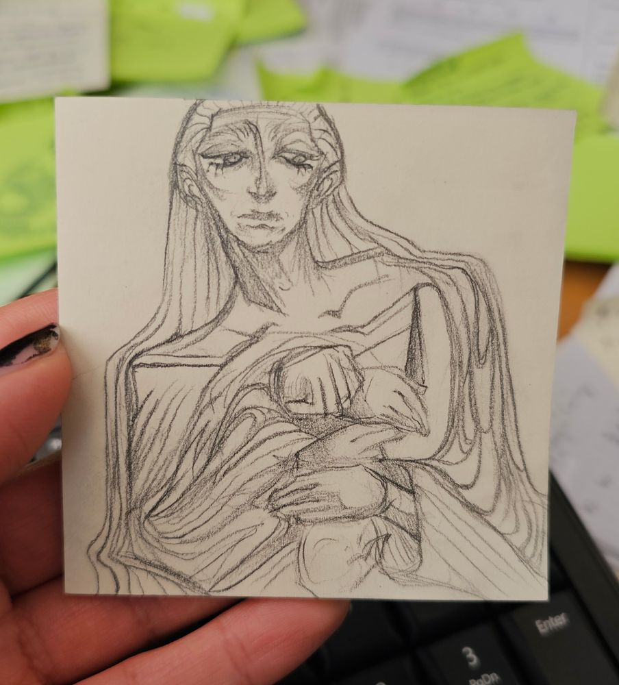 Pencil sketch on a post-it note. It depicts a somewhat surrealistic person holding a bunch of hands. It's hard to tell which hands are their own. 