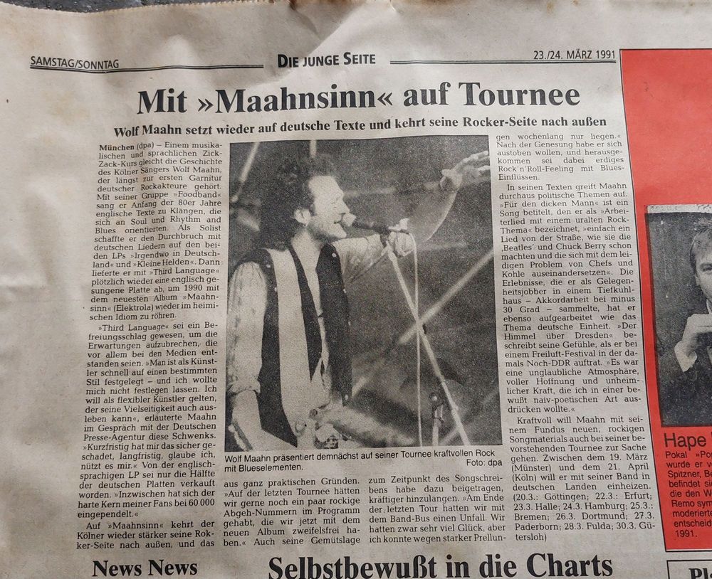 Zeitungsartikel über Wolf Maahn aus dem Jahr 1991. "Mit Maahnsinn auf Tournee "