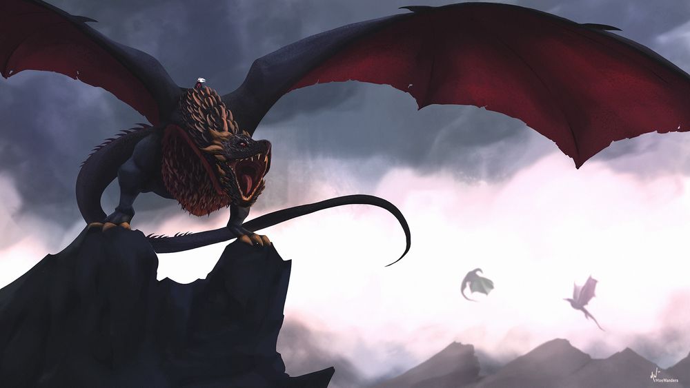 A massive dragon sits atop a mountain roaring with its wings spread wide. In the distance two dragons seem to be flying at one another.