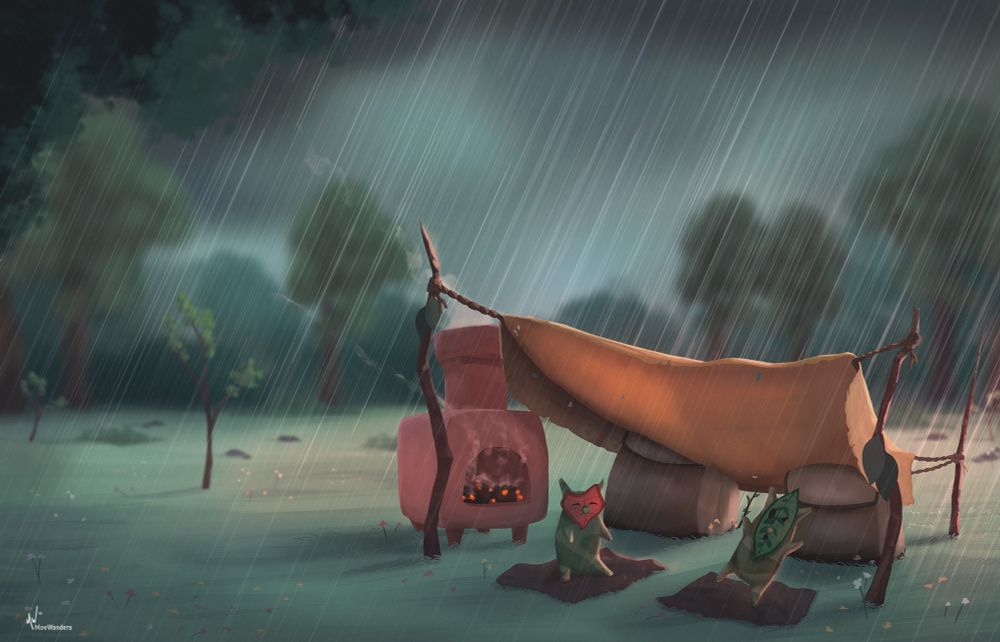 Two Koroks sitting together under a canvas by a smoking oven, laughing and dancing while it rains in the forest around them. Warm and cozy painting.