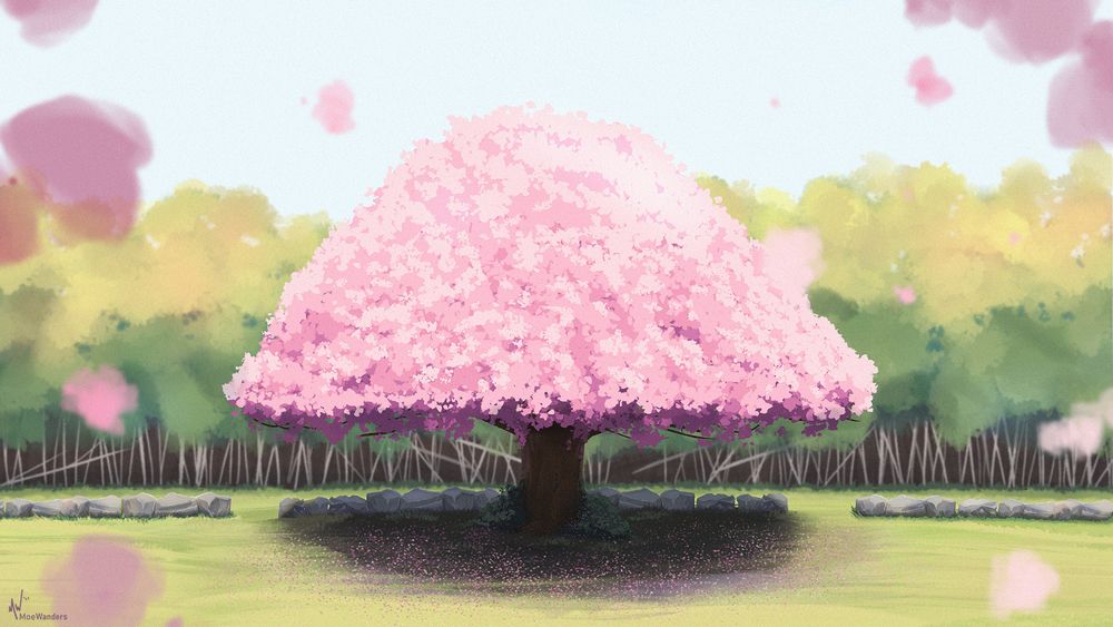 A grand tree standing alone in a lush field with petals floating in the wind.
