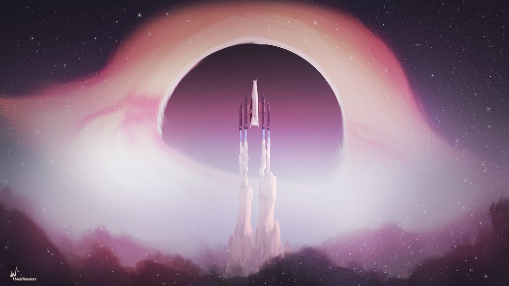 The Normandy from Mass Effect launching out of a planet's atmosphere with a blackhole looming in the background.