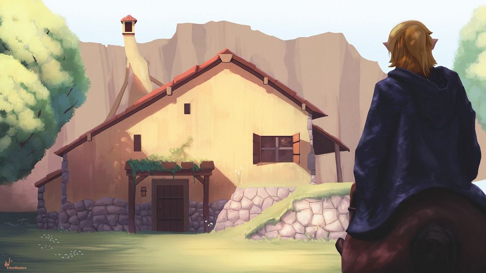 A painting of Link from Zelda returning to his home in Breath of the Wild.