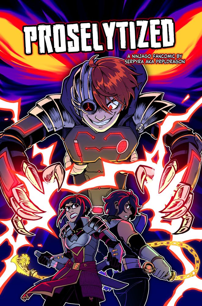 Cover of my ninjago fancomic "Proselytized", featuring Nindroid!Jay, Nya, and Cole.
