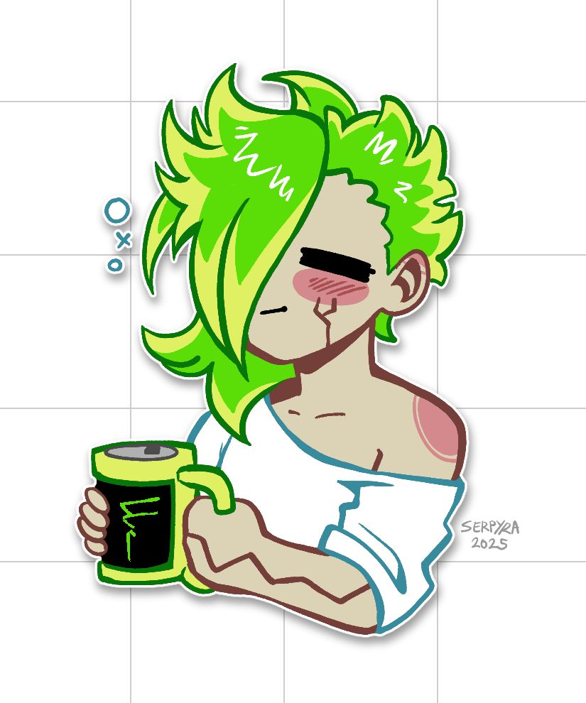 My OC Fluor, just waking up, with a cup of energy drink