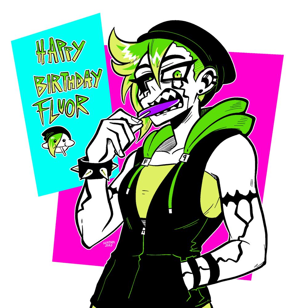 My OC Fluor in a sleeveless hoodie, eating a lollipop 