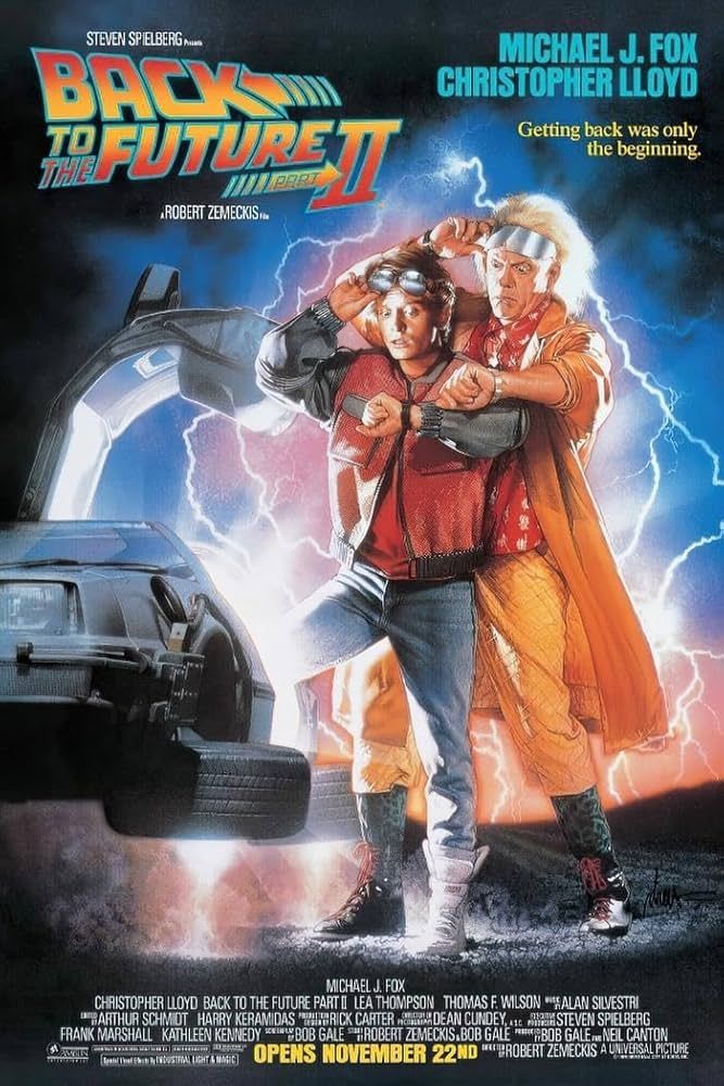 Back to the Future 2 Movie Poster, featuring Doc and Marty getting into a floating DeLorean.