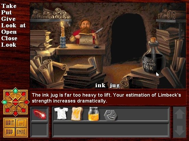 Screenshot from the adventure game Deathgate. Shows a bearded dwarf sitting at a desk with a candle, in a room surrounded by stacks of paper as well as several rolls.