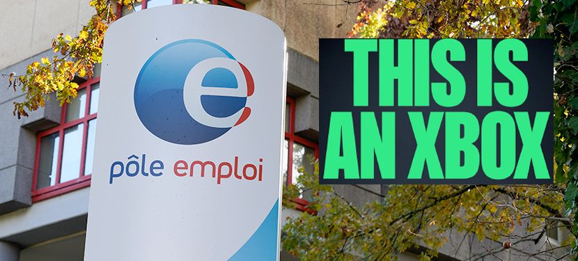 Montage photoshop montrant l'enseigne d'une agence Pole Emploi avec à côté un logo "this is an Xbox", en réaction à l'annonce de 9000 licenciements chez Microsoft donc beaucoup au sein de la branche jeu vidéi