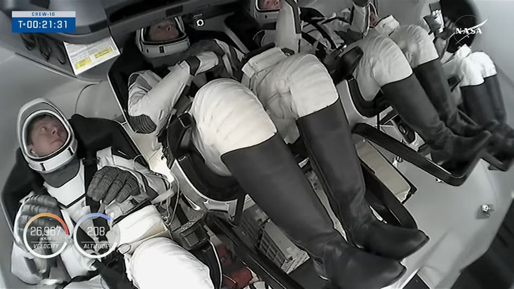 La tripulación en el interior de la Dragon. No observo ningún juguete indicador de haber llegado a órbita.  En las Soyuz suelen volar un pequeño peluche atado a una cuerda