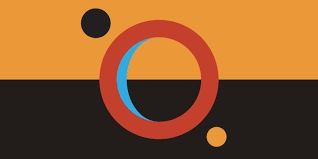 Image is of the flag of the Martian Congressional Republic (MCR) from the TV show the Expanse. 

It features a flag split in half - orange on the top back on the bottom with a red circle superimposed over the top, and two circles inverted near to it representing the two moons of Mars.