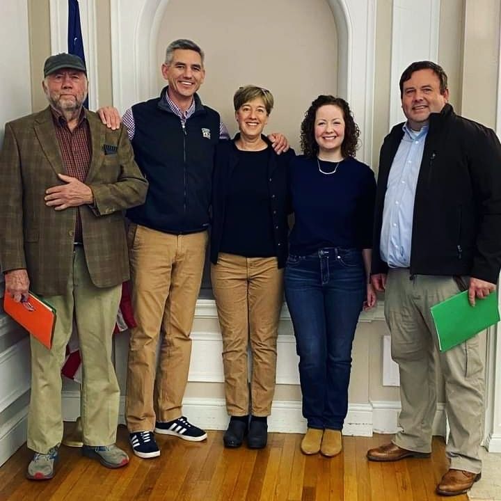 Photo of current and former Buncombe County state legislators John Ager, Brian Turner, Julie Mayfield, Lindsey Prather, and Eric Ager. The dress code was "Asheville Casual".