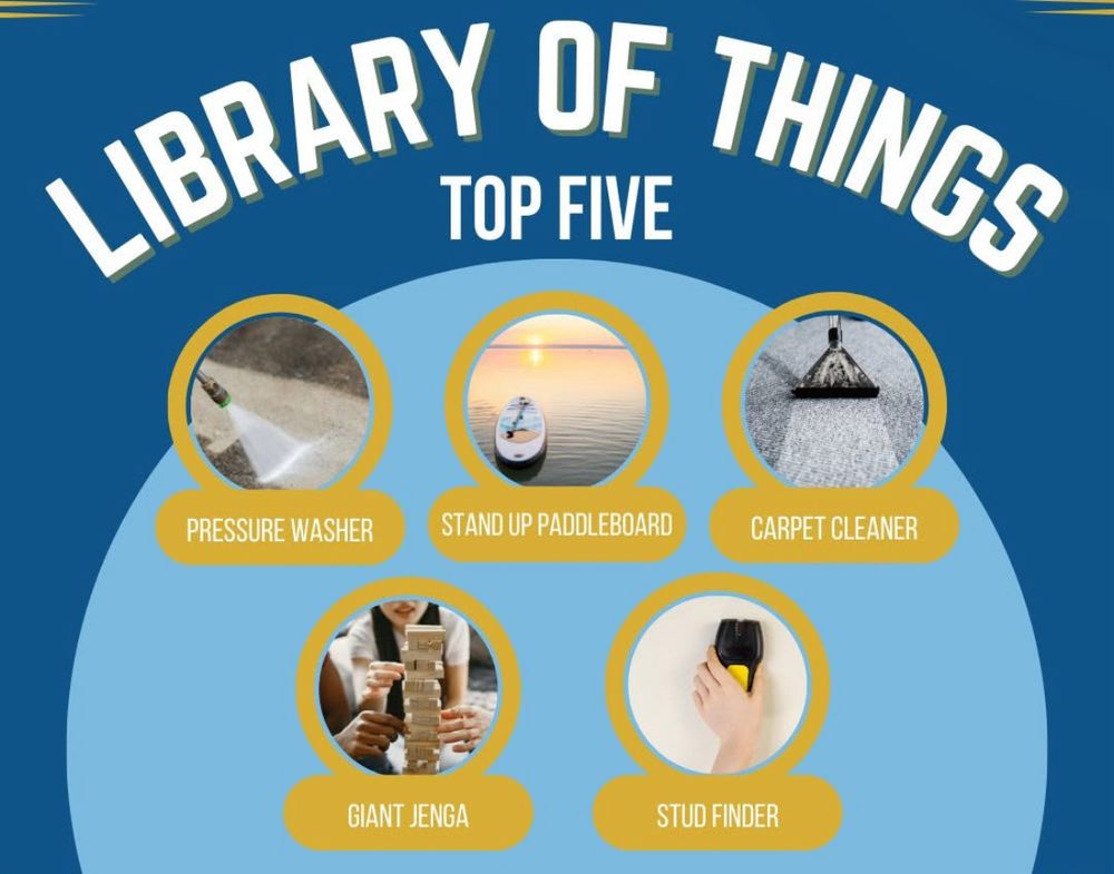 Screenshot of the most popular items borrowed in the Library of Things in a small town public library. 

Pressure washer, stand up paddle board, carpet cleaner, giant jenga and stud finder topped the list this year. 