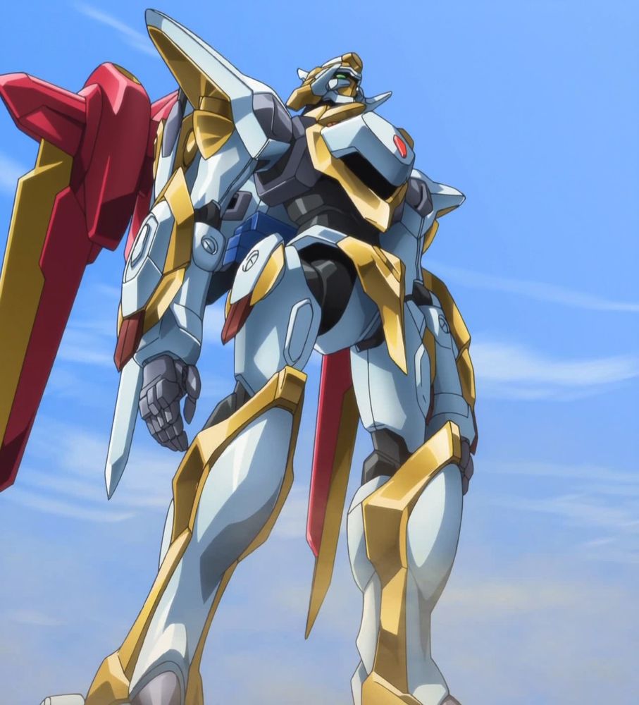 Lancelot from Code Geass stands proudly with a blue sky as a backdrop. The large mech is mainly white with gold trim and red accents.
