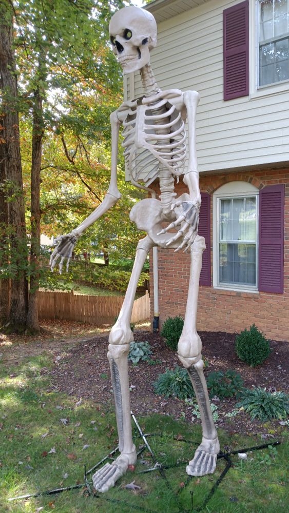 The Home Depot 12 foot skeleton in front of a house with crimson shudders and some suburban greenery behind it