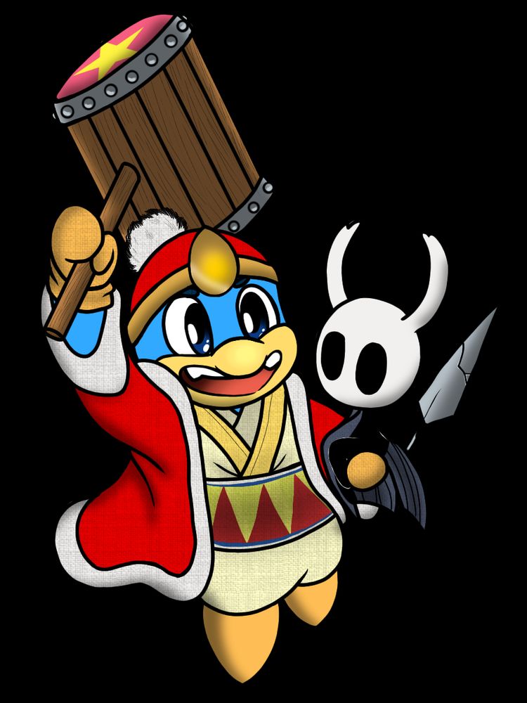 crossover chibi-style art of king dedede from kirby holding the knight/ghost from hollos knight in one hand and hefting his hammer in his other