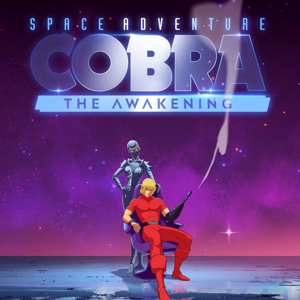 keyart for Space Adventure Cobra: The Awakening, featuring Cobra chilling on his chair with Armaroid Lady behind him