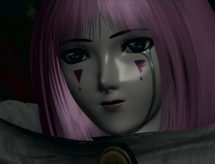 screenshot from Malice@Doll episode 1, a tear seemingly made of machine oil falls from Malice's eye.