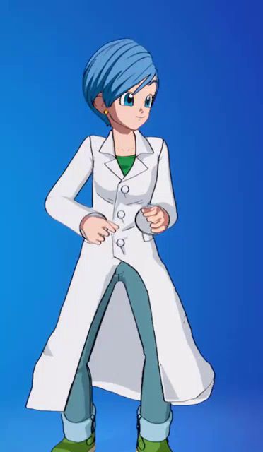 a cartoon character with blue hair and a white coat is standing in front of a blue background