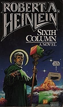 Book cover. The Sixth Column by Robert Heinlein. Monkey carrying staff. Staff has multicolored cube.