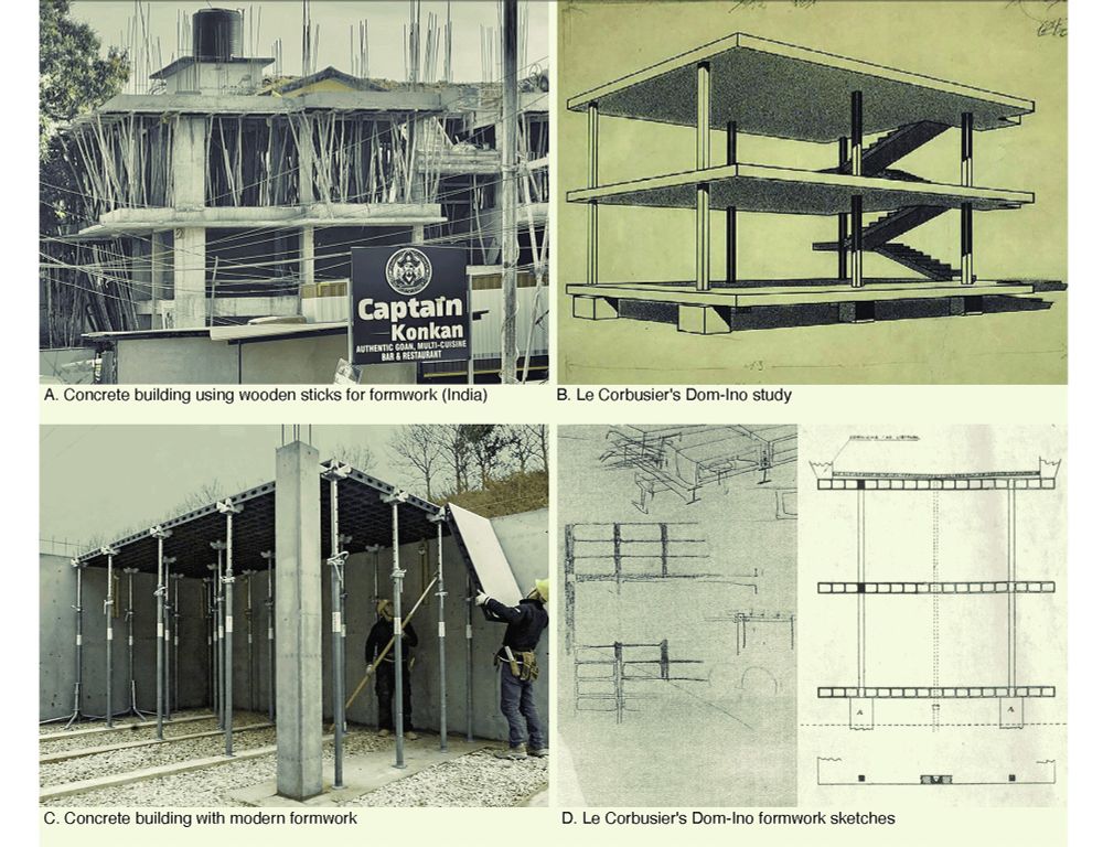 4 images: A. Concrete building using wooden sticks for formwork (India); B. Le Corbusier's Dom-Ino study; C. Concrete building with modern formwork; D. Le Corbusier's Dom-Ino formwork studies.