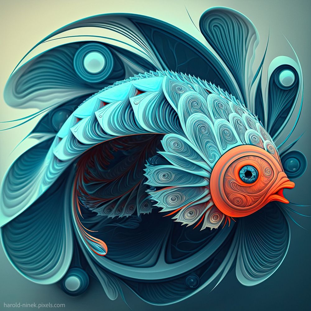 The artwork depicts a fish with a more rounded shape, giving it a soft, bulbous appearance. Its entire body is a uniform blue, while the face is distinctly red, creating a sharp contrast. The style is semi-abstract, with simplified details, yet the fish's form remains clear. The focus is on the contrast between the blue body and the red face, which draws the eye to the fish's head as the central element of the piece.