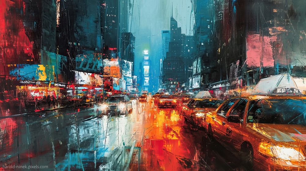 The painting shows a bustling New York City street on a rainy evening, with a strong focus on the traffic. Cars and taxis are caught in motion, their headlights and taillights reflecting off the wet pavement, creating streaks of bright color. The road is busy, with vehicles moving quickly, their shapes slightly blurred by the rain. The buildings lining the street are dark and tall, with only a hint of detail visible through the mist. The scene is energetic, with the reflective surface of the street amplifying the vivid glow of the traffic, while the rain adds a sense of constant movement.
