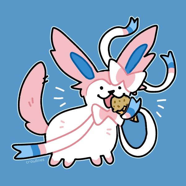 drawing of sylveon from pokemon holding an ice cream cone with a ribbon and eating it