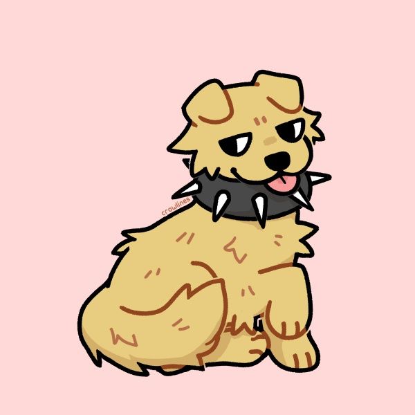 drawing of a yellow dog with folded ears sticking its tongue out. it is wearing a spiked collar, sitting down, and lifting a front paw