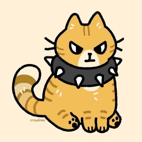 drawing of a cute orange tabby cat wearing a spiked collar with a grumpy expression